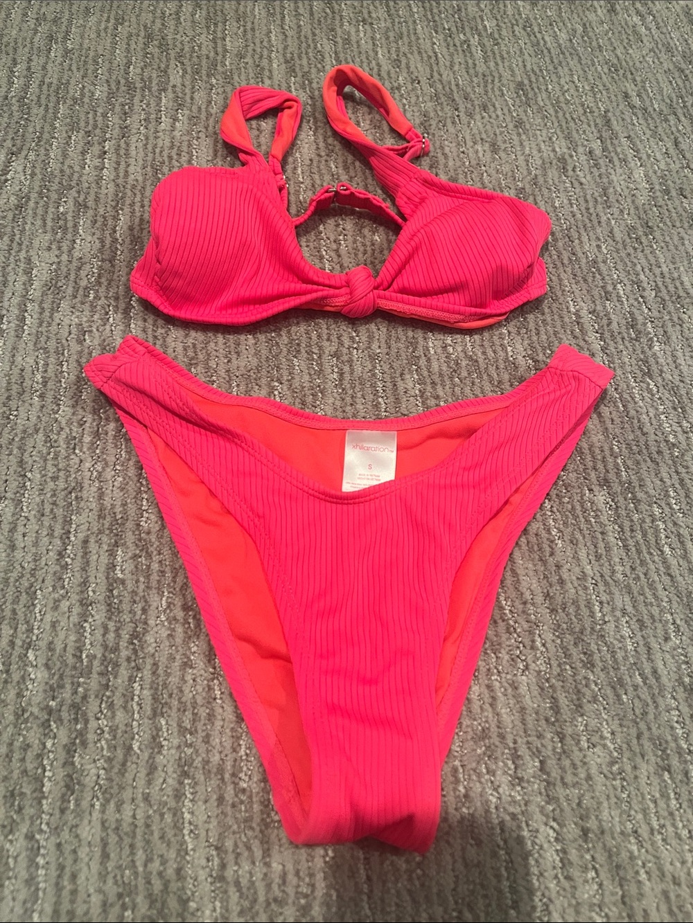 Xhilaration women’s Hot Pink Ribbed Knot-Front Bikini Set top XS bottom S